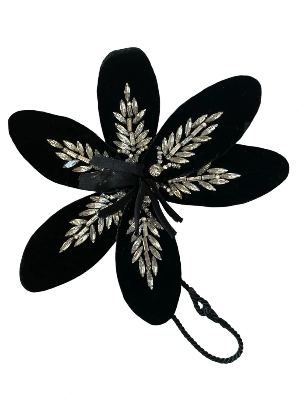 Vintage Black Velvet Rhinestone Flower Clip Brooch Ornament Gothic Glam